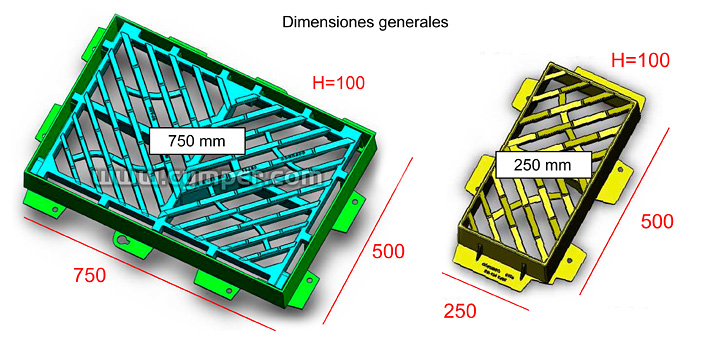 Reja imbornal Maremagnum 750x500 Fundición Dúctil D400 - Dimensiones