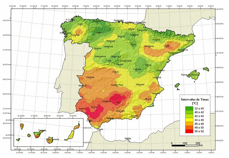 Mapa de temperaturas máximas del Anejo E del CTE-DB-AE.