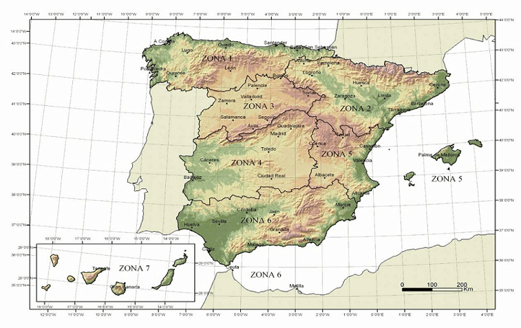 Mapa de temperaturas minimas del Anejo E del CTE-DB-AE.