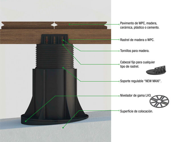 Soporte regulable para tarima flotante de cabezal fijo